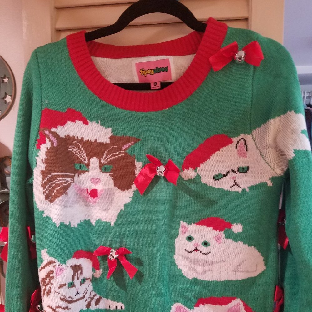 tipsy elves ugly Christmas sweater with cats